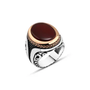 Ellipse Red Agate Stone Silver Men's Ring with Braid Style Around