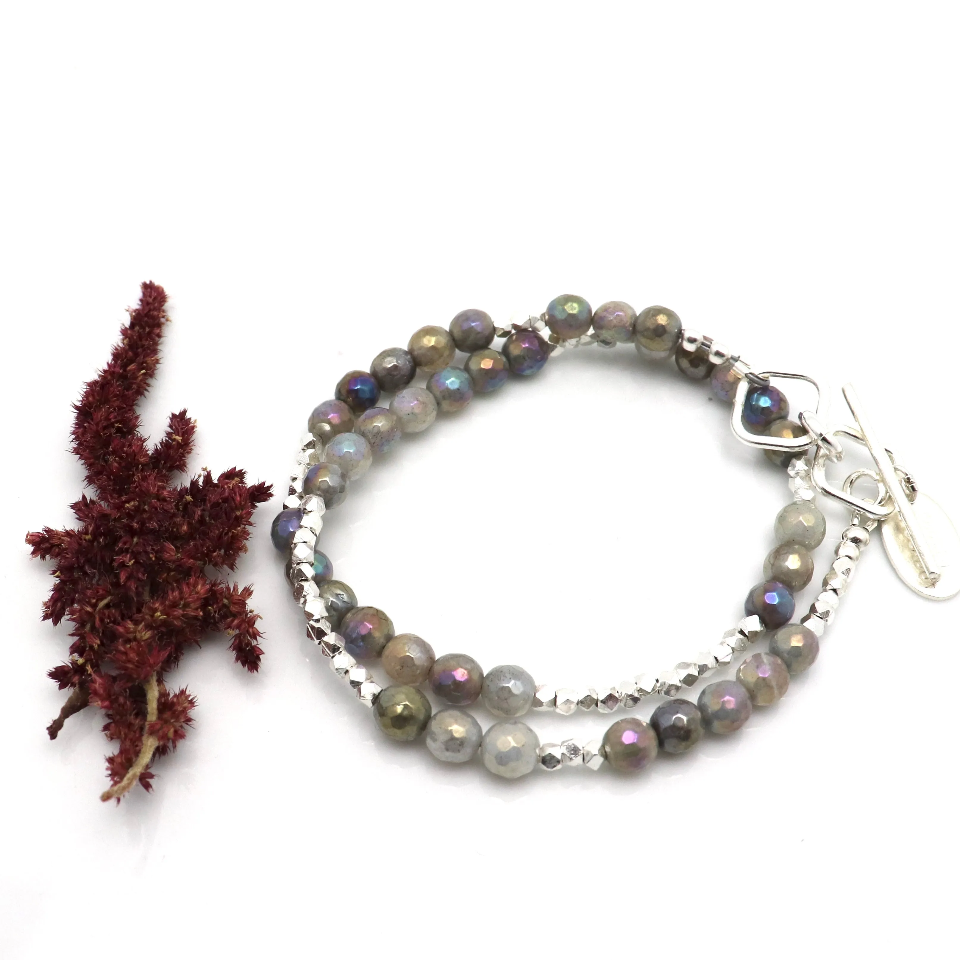 Iridescent Labradorite & Fine silver Double Wrap Bracelet