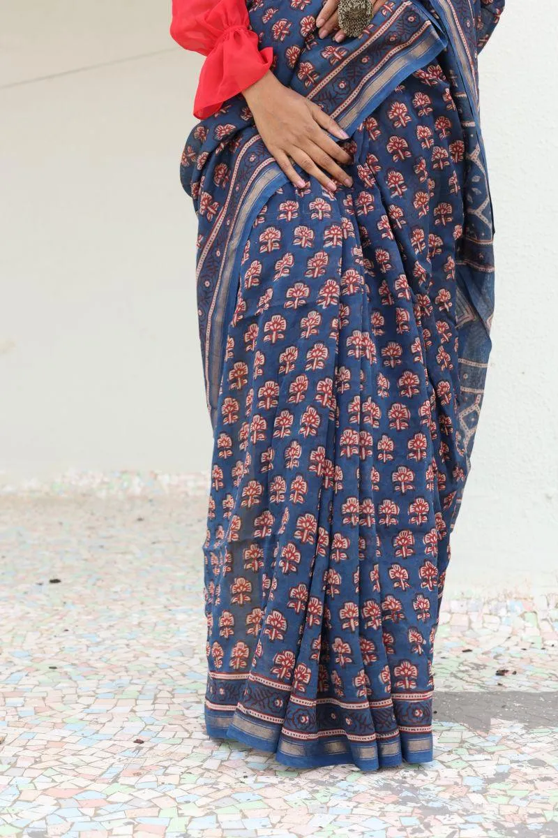 Kaisori Malhar - Dabu Pharad  Gulab Indigo Dabu Silk Cotton saree