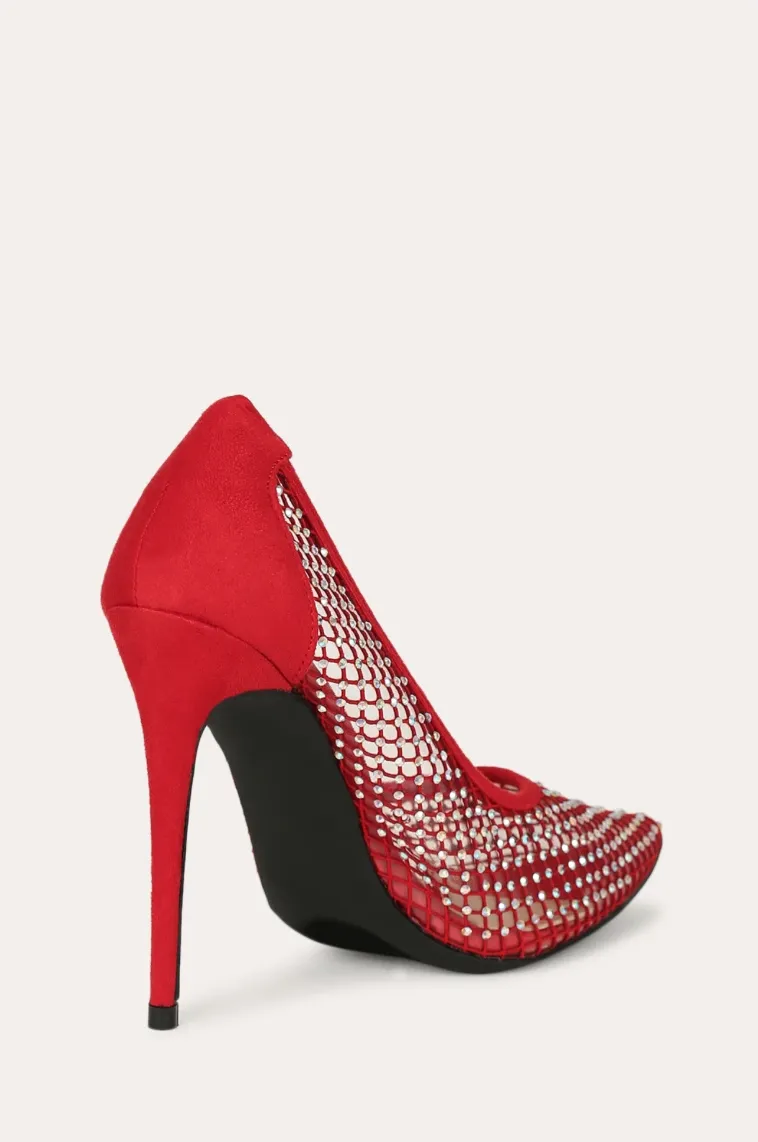 Red Rhinestone Fishnet Heels