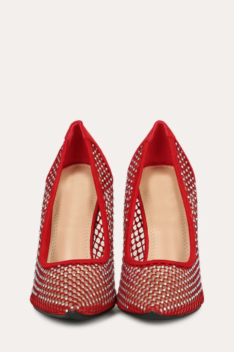 Red Rhinestone Fishnet Heels