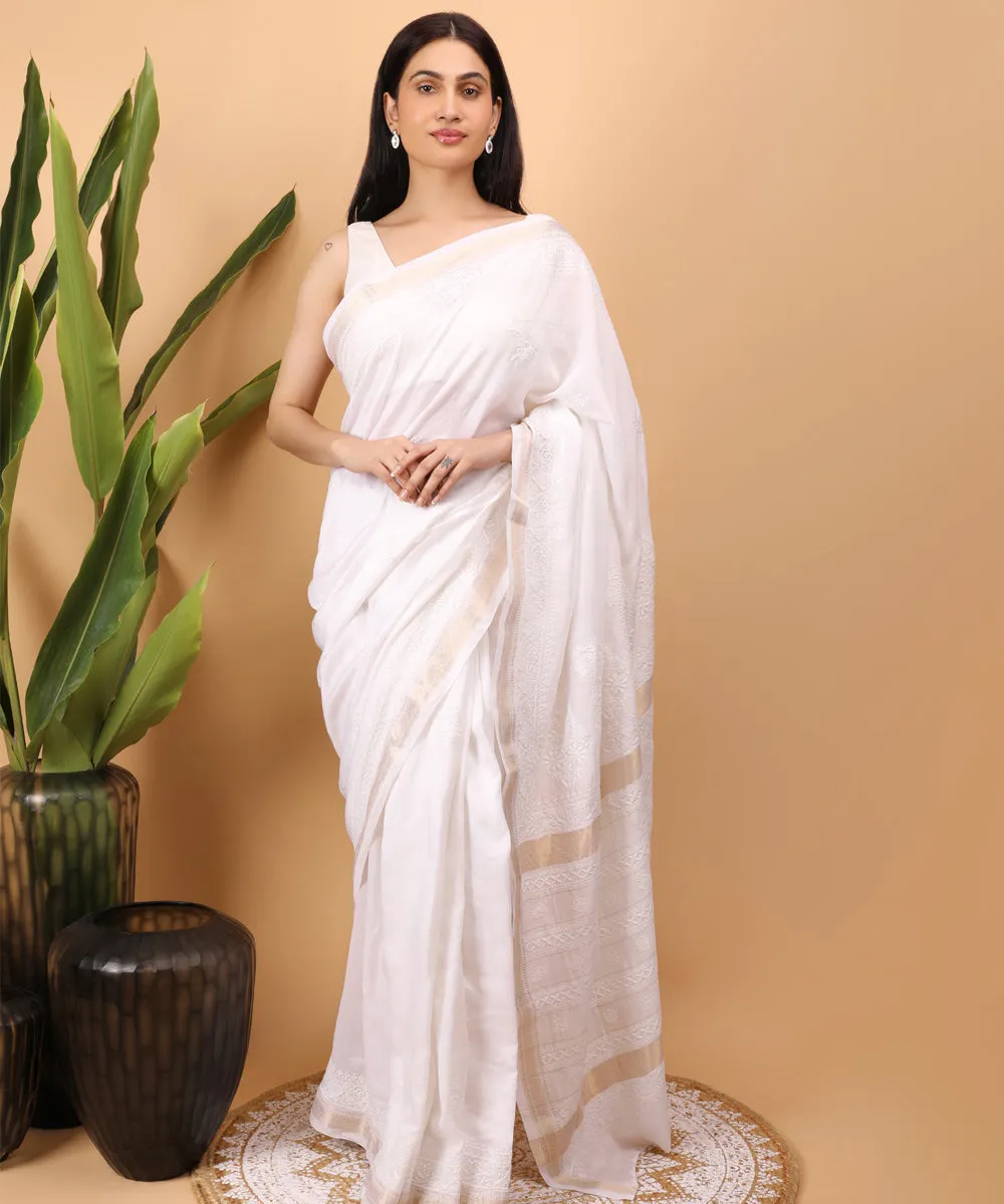 White white cotton handloom chikankari saree